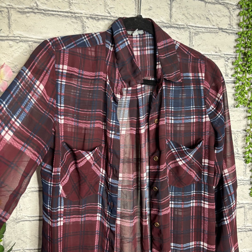 *🌼3/$30🌼Charlotte Russe Plaid Sheer Button Down Top Size Small - Picture 4 of 16